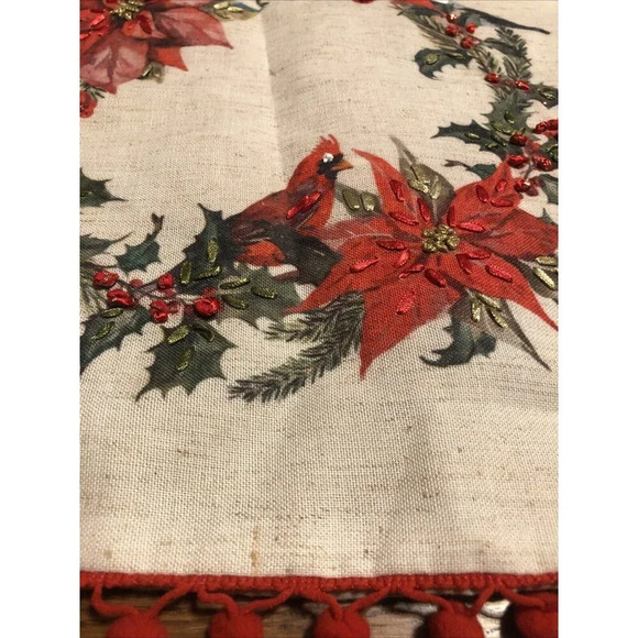 Christmas Cardinal Table Runner Wreath Poinsettia 13 X 69 Pom Poms - Picture 4 of 7